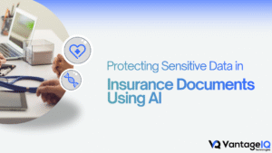 AI-powered data protection in insurance documents with healthcare icons and secure document processing concept