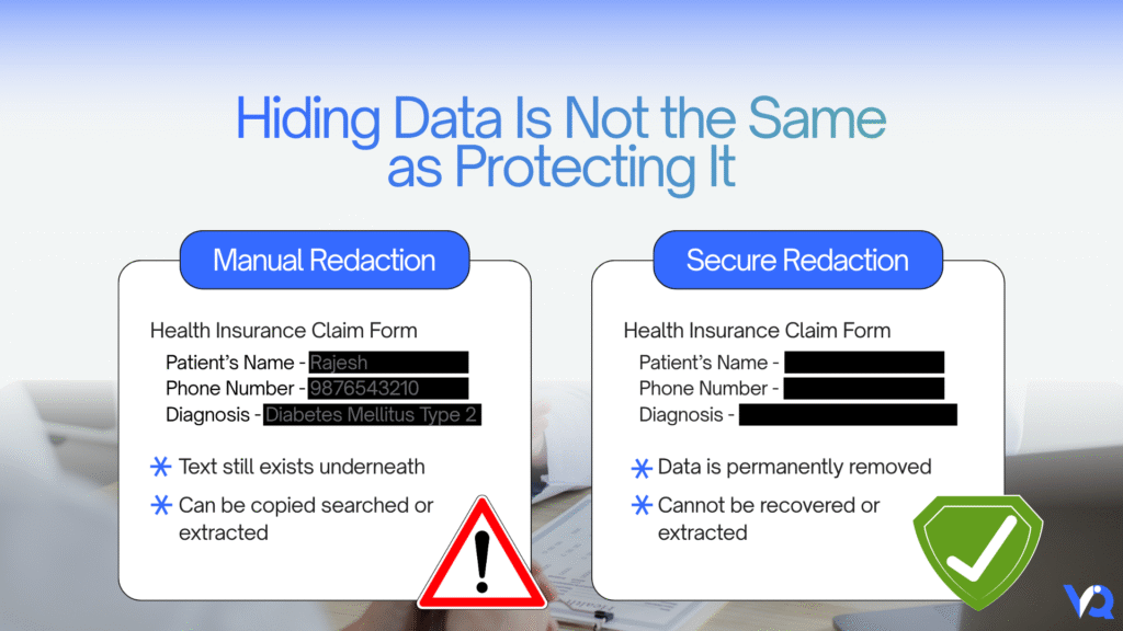 Comparison of manual redaction vs secure AI redaction showing risks of recoverable data and benefits of permanent data masking
