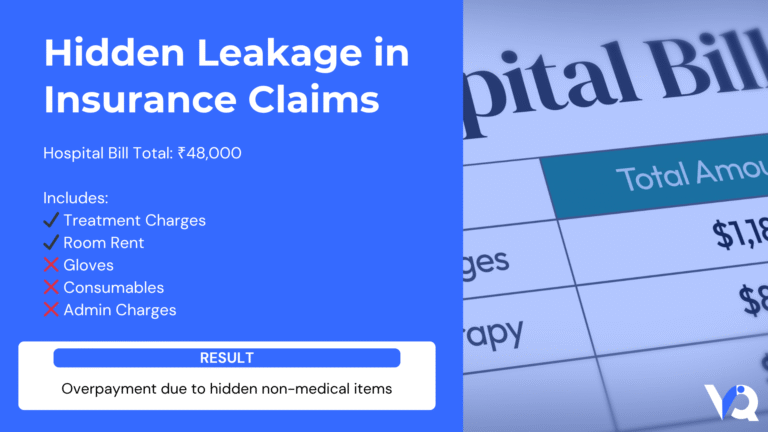 Example of insurance claim leakage showing non-medical items like gloves and consumables included in a hospital bill