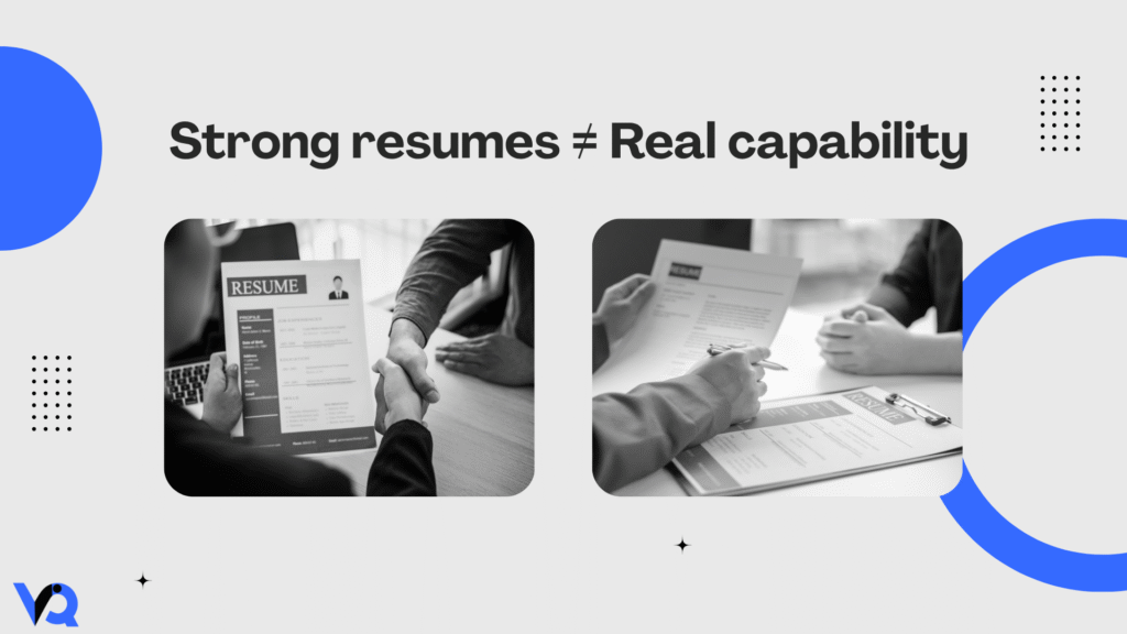 Strong resumes versus real capability concept with candidates in interview scenarios highlighting hiring mismatch