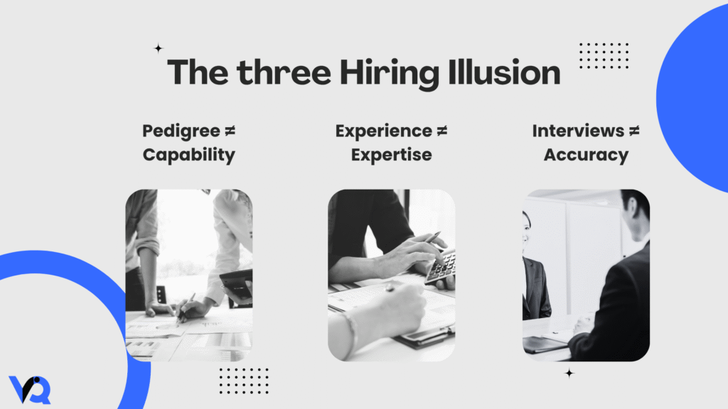Three illusions of tech hiring showing pedigree, experience, and interviews as unreliable indicators of capability