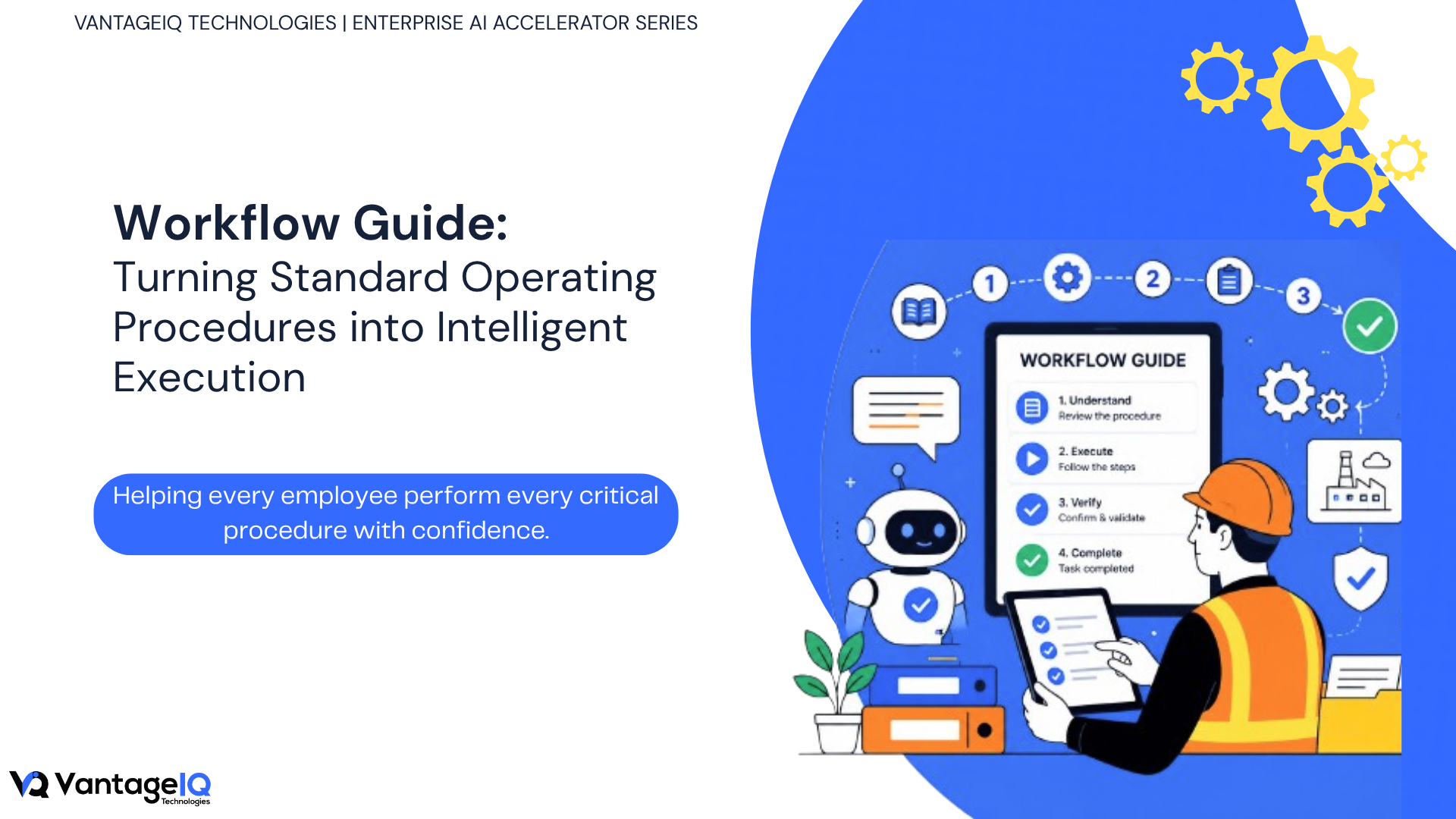 Image 1 – Hero Banner Workflow Guide hero banner introducing VantageIQ's enterprise AI accelerator for transforming standard operating procedures into guided, step-by-step execution workflows that improve consistency, quality, and operational compliance.