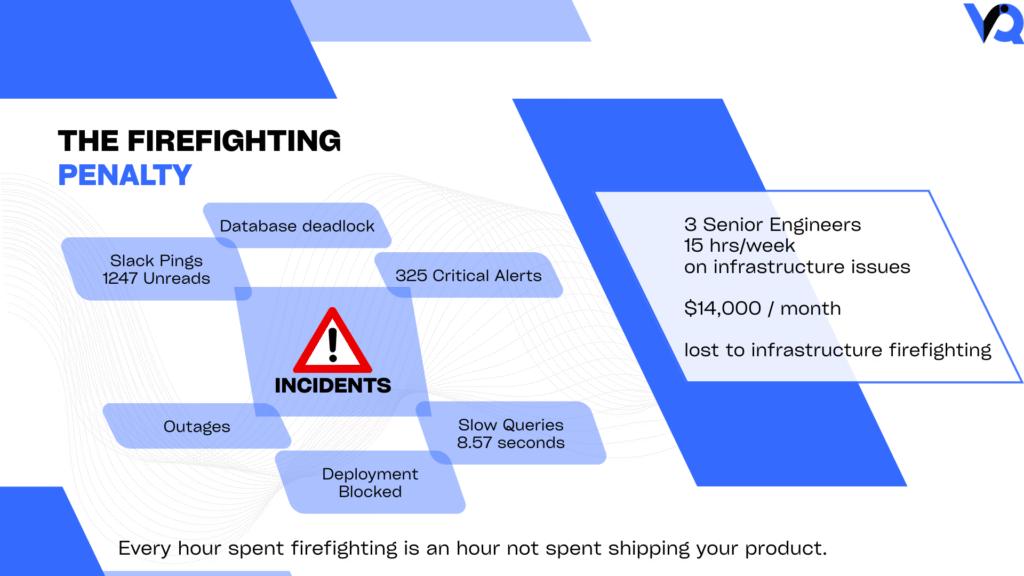 Illustration showing engineering productivity loss caused by infrastructure incidents, critical alerts, database deadlocks, and cloud architecture failures in startup environments.