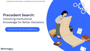 Precedent Search hero banner introducing VantageIQ's enterprise AI accelerator for discovering historical decisions, reusable expertise, and institutional knowledge to enable faster, more consistent enterprise decision-making.