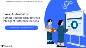 Task Automator hero banner introducing VantageIQ's enterprise AI accelerator for automating routine operational requests, orchestrating business workflows, and enabling intelligent enterprise action execution.