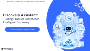 Illustration of an AI-powered Discovery Assistant helping users find products, components, and enterprise knowledge through intelligent semantic search and recommendations.