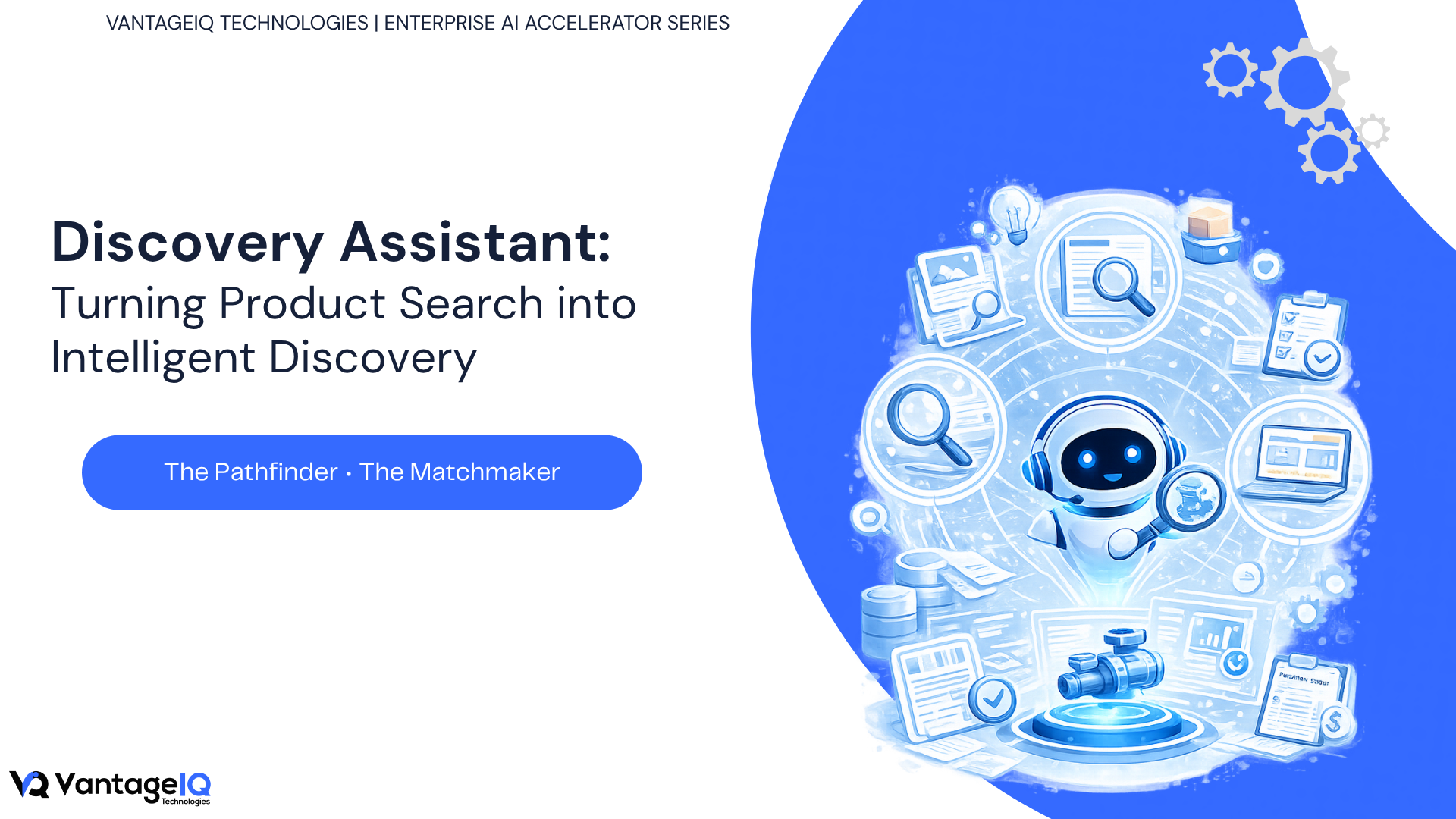 Illustration of an AI-powered Discovery Assistant helping users find products, components, and enterprise knowledge through intelligent semantic search and recommendations.