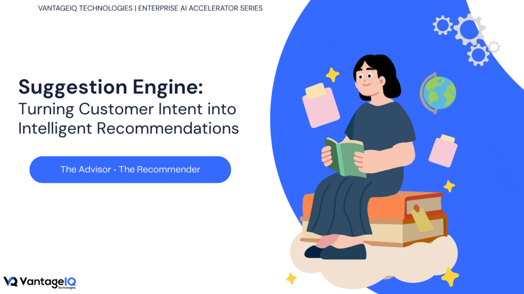 Illustration of an AI-powered Suggestion Engine delivering personalized recommendations and next-best actions using behavioral intelligence across enterprise digital experiences.