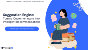 Illustration of an AI-powered Suggestion Engine delivering personalized recommendations and next-best actions using behavioral intelligence across enterprise digital experiences.