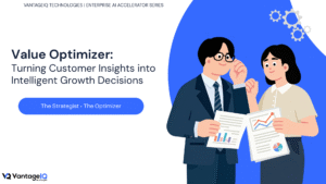 Illustration of an AI-powered Value Optimizer analyzing customer behavior to deliver intelligent growth decisions, personalized offers, and customer lifetime value optimization.
