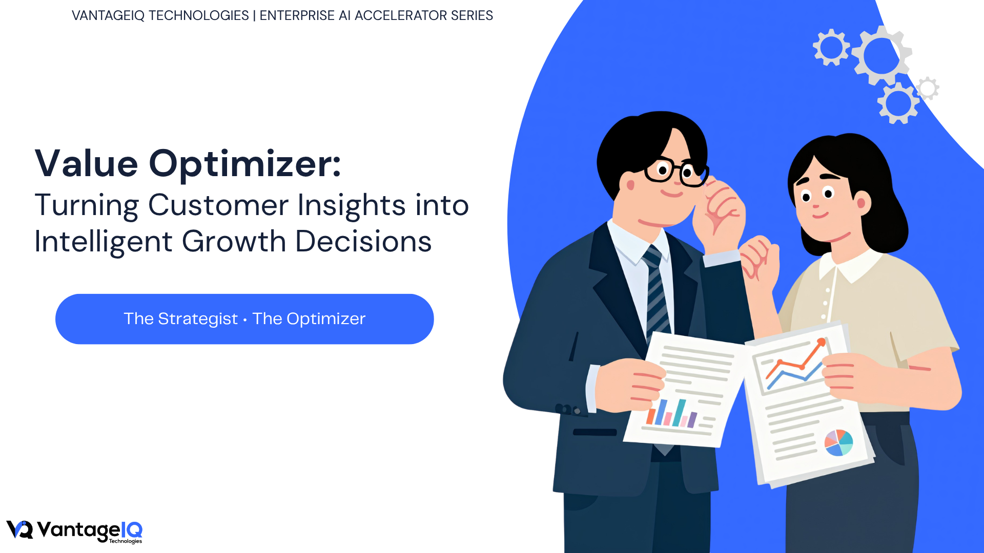 Illustration of an AI-powered Value Optimizer analyzing customer behavior to deliver intelligent growth decisions, personalized offers, and customer lifetime value optimization.