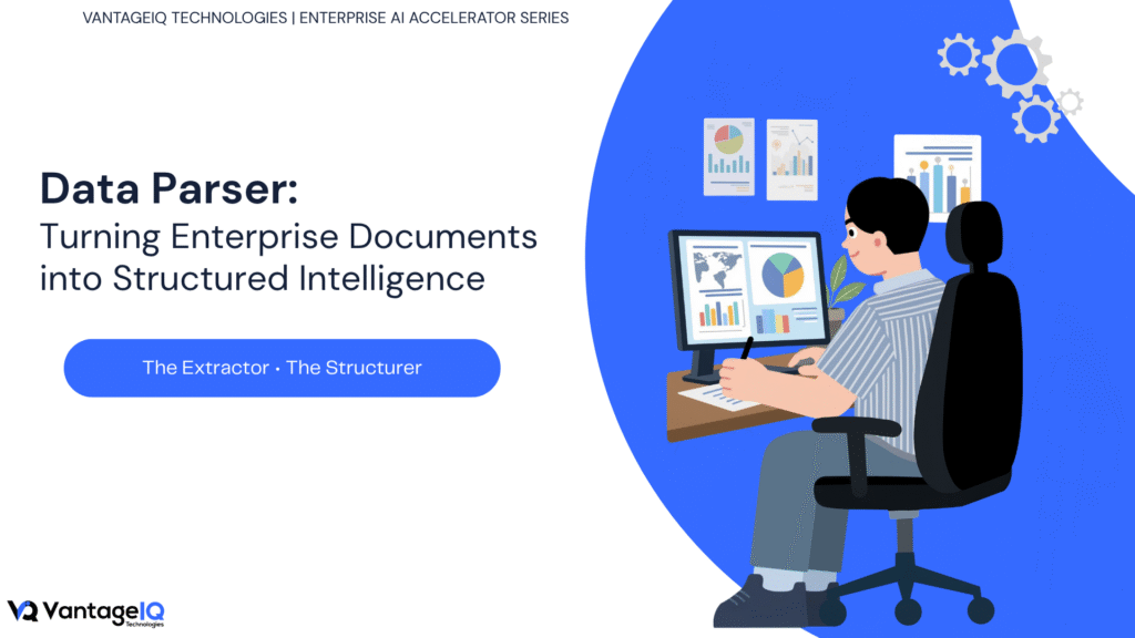 Illustration of the Data Parser enterprise AI accelerator transforming complex documents into accurate, validated, and structured data for automated business workflows.