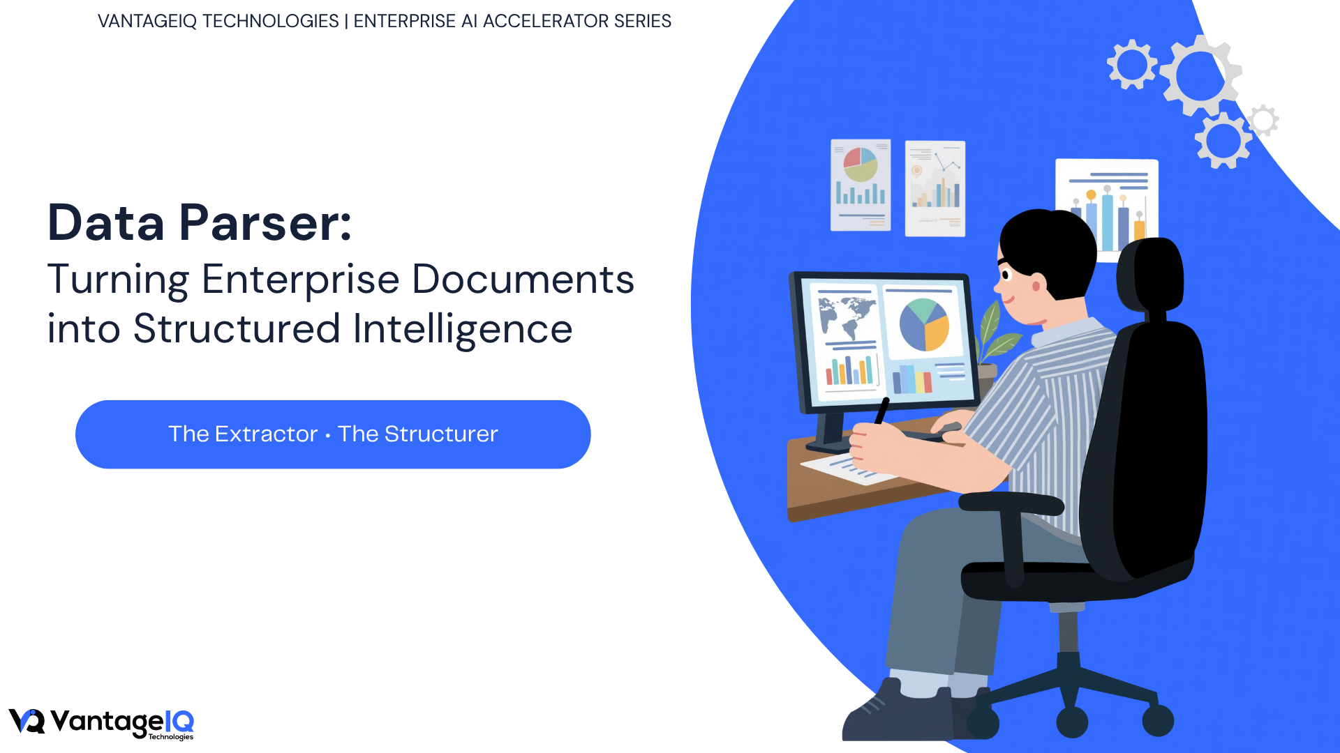Illustration of the Data Parser enterprise AI accelerator transforming complex documents into accurate, validated, and structured data for automated business workflows.