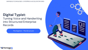 Illustration of the Digital Typist enterprise AI accelerator transforming voice recordings, handwriting, and scanned content into accurate, structured enterprise records.