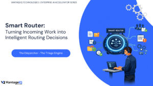 Illustration of the Smart Router enterprise AI accelerator classifying, prioritizing, and routing incoming documents, requests, and cases to the right teams and workflows.