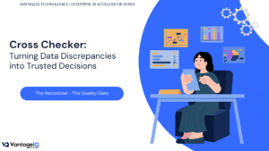 Illustration of the Cross-Checker enterprise AI accelerator comparing related documents, records, and datasets to detect discrepancies and validate information before downstream processing.