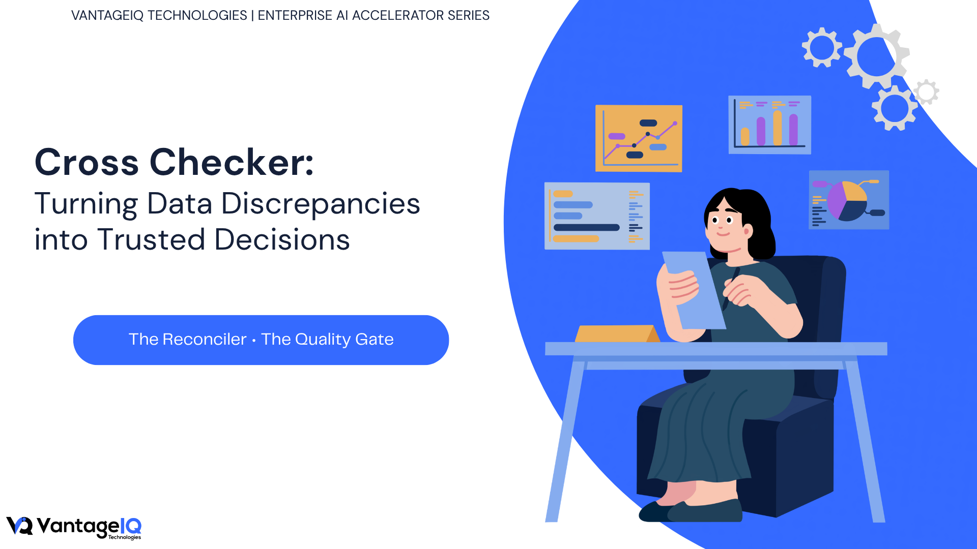 Illustration of the Cross-Checker enterprise AI accelerator comparing related documents, records, and datasets to detect discrepancies and validate information before downstream processing.