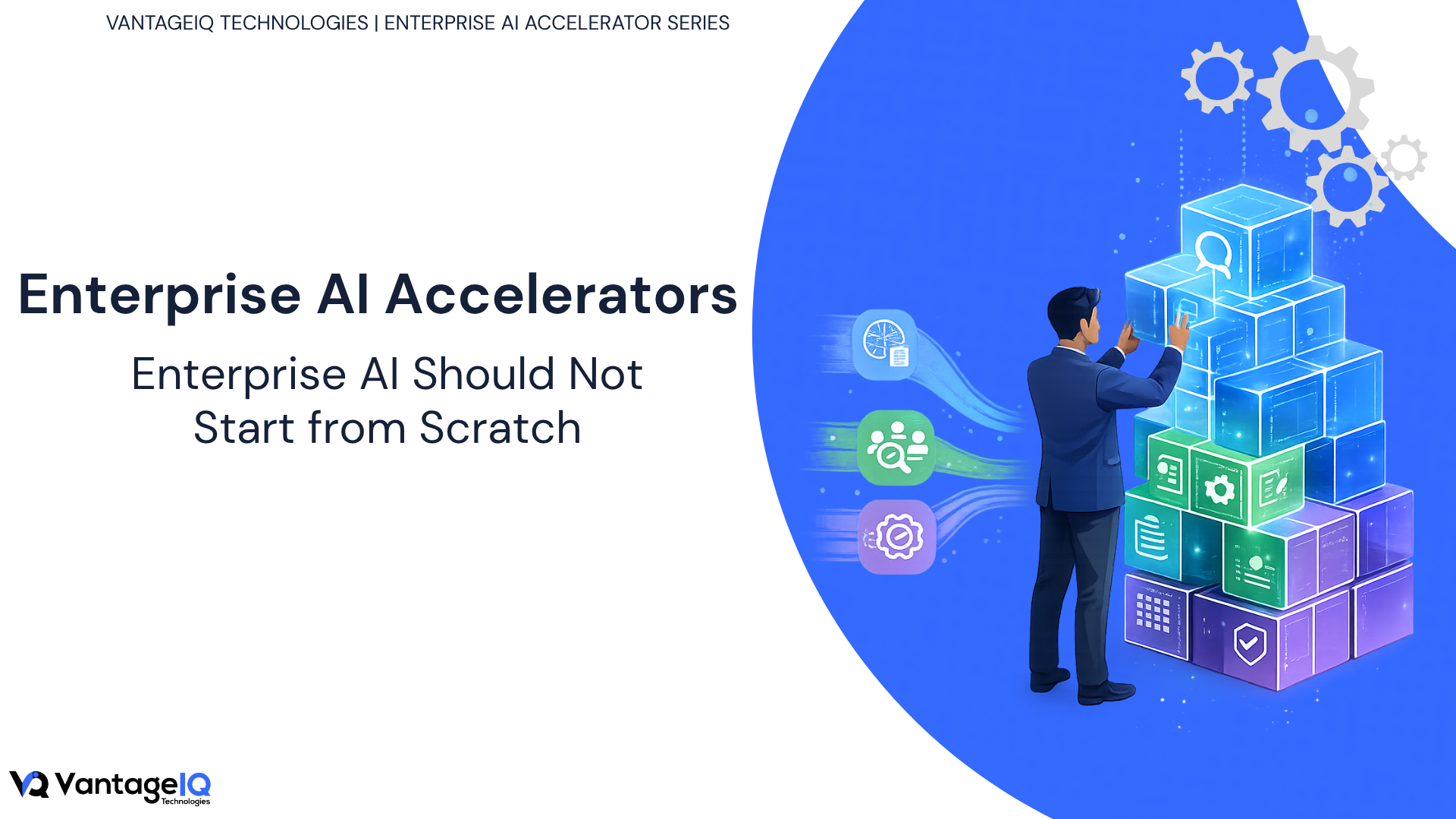Illustration of Enterprise AI Accelerators as reusable building blocks across knowledge, engagement, and processing, helping organizations build tailored enterprise AI solutions faster.