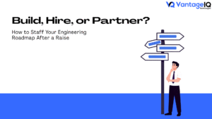 Build, Hire, or Partner? Choosing how to staff your engineering roadmap after raising funding, illustrated with a founder considering three paths.